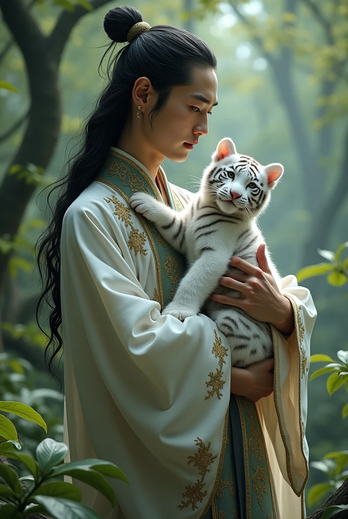 A white man wearing an ancient Chinese costume, 1, green eyes, long black hair, carrying a white tiger cub in the forest.