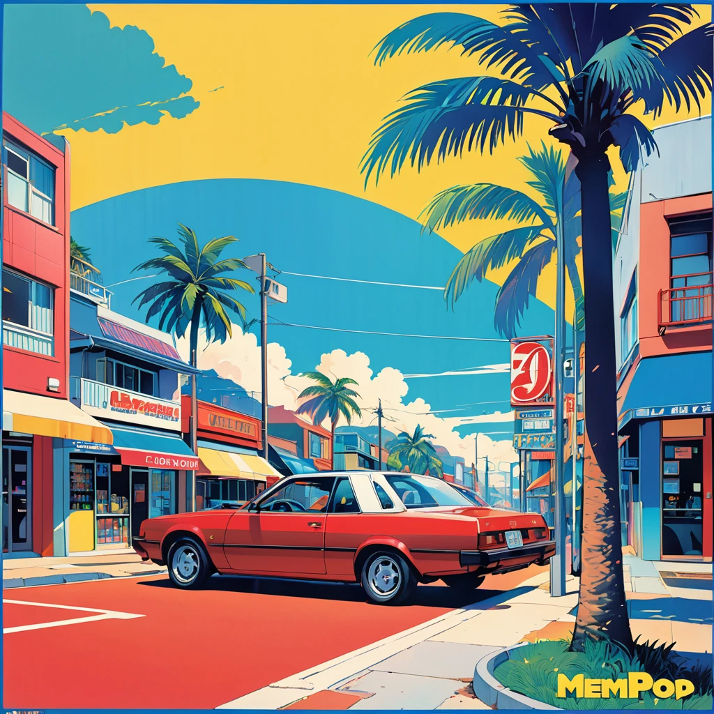 (masterpiece, best quality:1.1),90s record cover art,city-pop,title of the song is "memory from summer",Red car,Palm tree,girl's profile,seaside street, inspired by Hiroshi Nagai cmyk palette,illustration by Hisashi Eguchi,(blue outline),