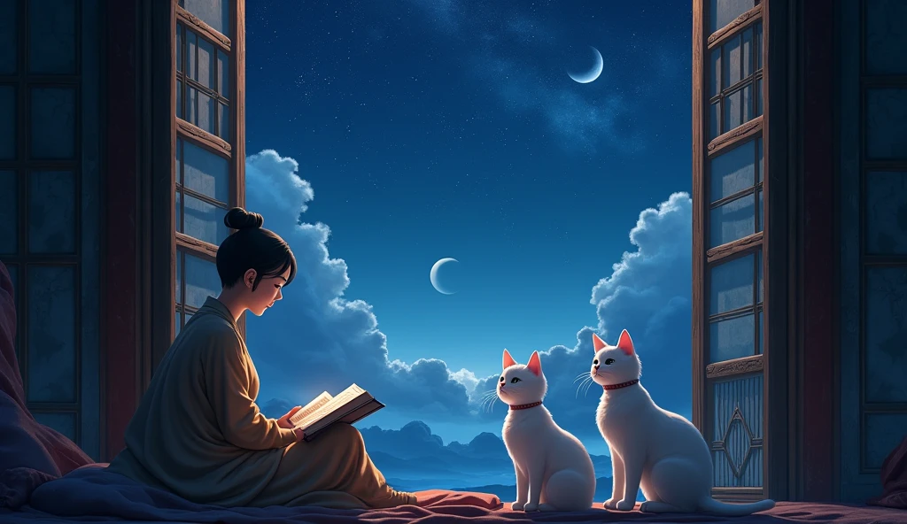 give me a realistic image with 2 cats seeing the Asian owner sitting reading a book with the ancient temple window open in the beautiful night sky