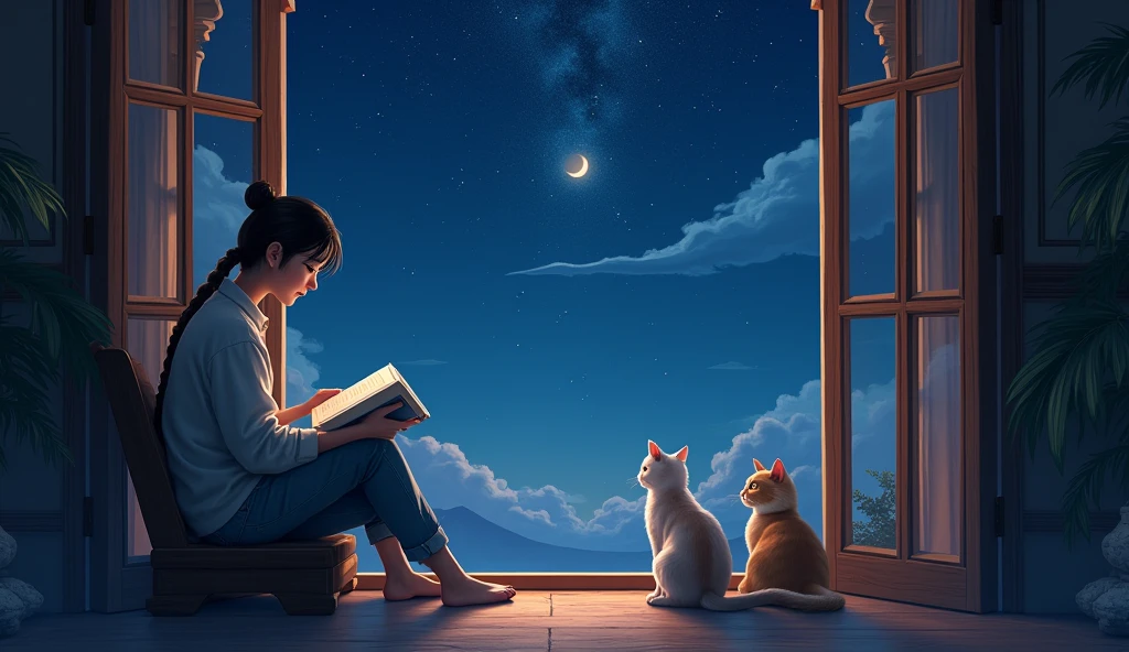 give me a realistic image with 2 cats seeing the Asian owner sitting reading a book with the ancient temple window open in the beautiful night sky