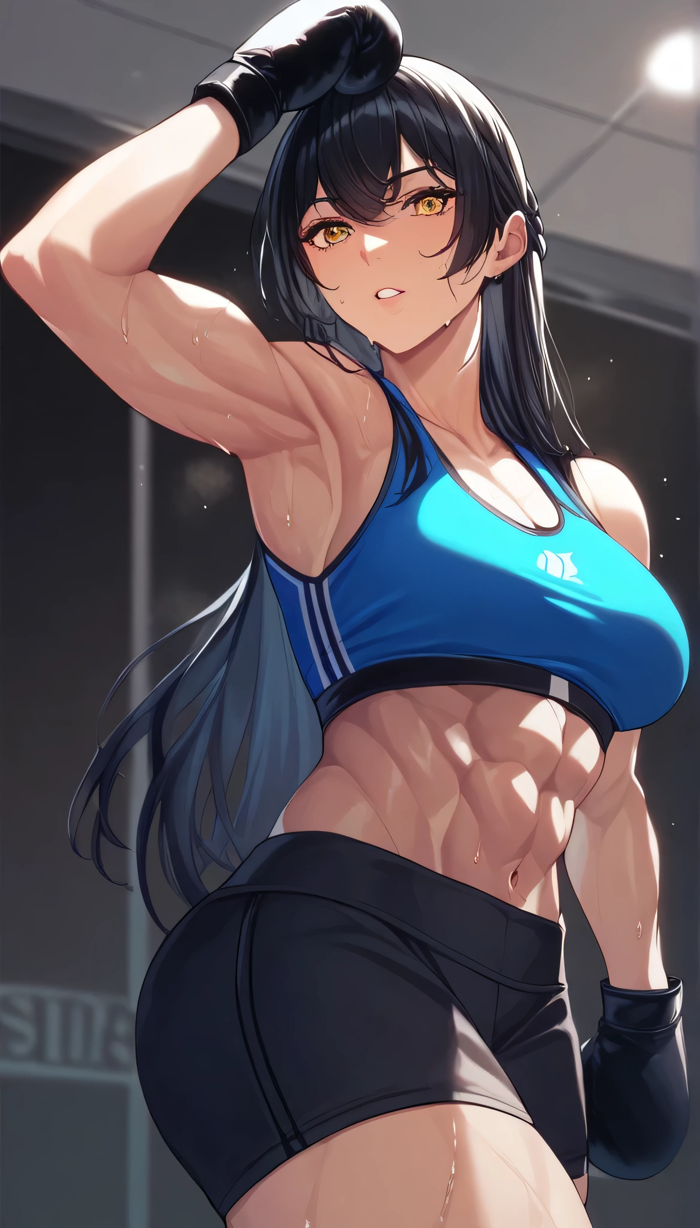 black hair,masterpiece,best quality,highres,ultra-detailed,aashizue,yellow eyes,long hair,(sports bra:1.2), boxing gloves,toned, muscular,sweating, (sleeveless:1.4),cowboy shot,