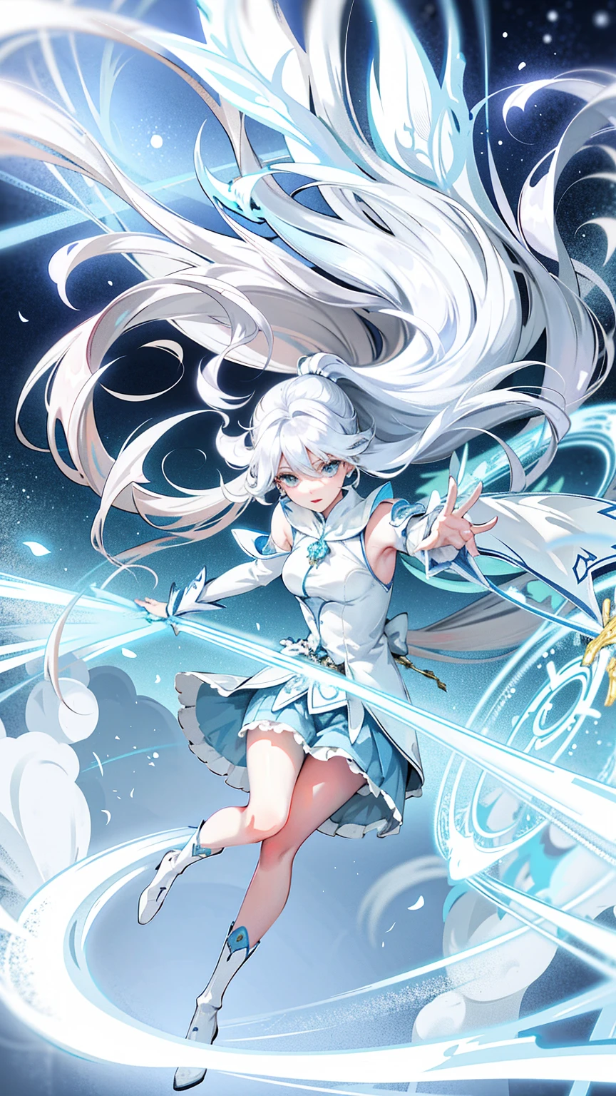 fullbody，Anime girl with long white hair and blue skirt in the snow, White-haired God, White hair floating in the air, Anime Fantasy Illustration, Flowing white hair, beautiful youth, Beautiful fantasy anime, shiny and flowing hair, Ethereal animation, Beautiful anime artwork, Beautiful digital artwork, anime fantasy artwork, ((beautiful fantasy queen)), 2. 5 d cgi anime fantasy artwork