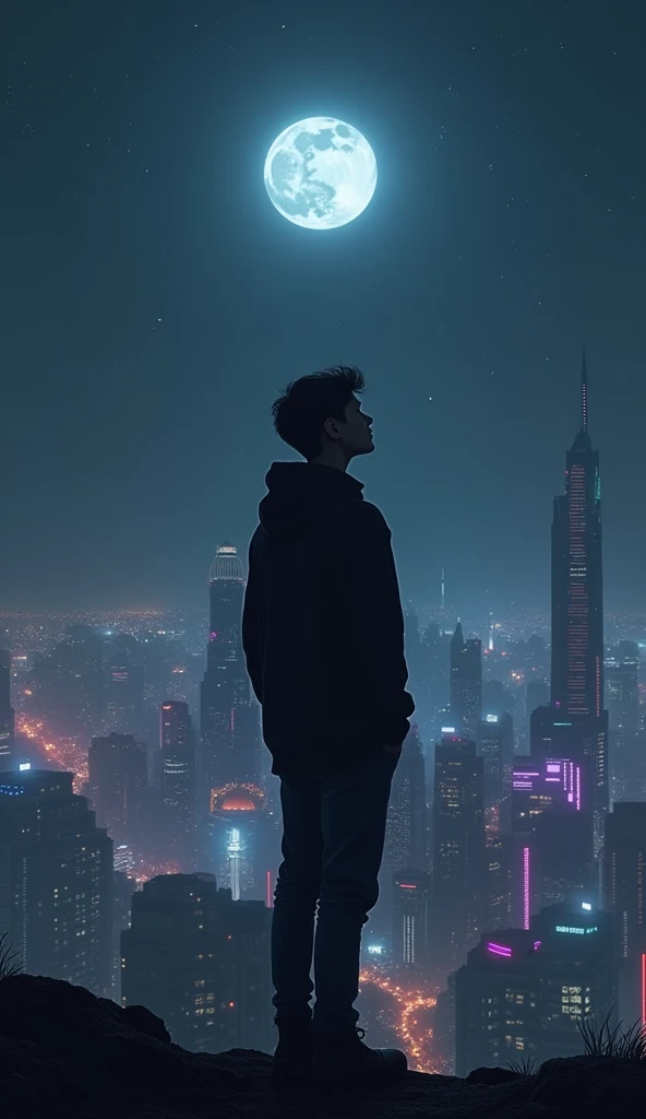 Generate image of dark background wallpaper having neon light and there is city in background and there is a boy with black hoodie and jeans looking at moon , there is moon and Star in the sky
