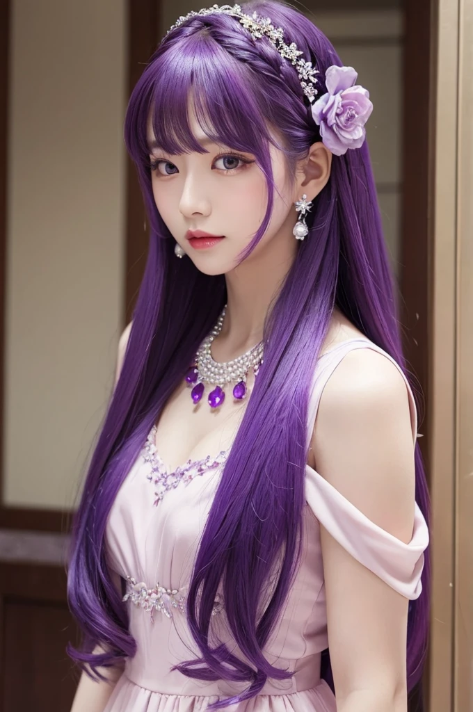 Purple hair, beautiful woman, long hair, dress up, hair accessory, necklace