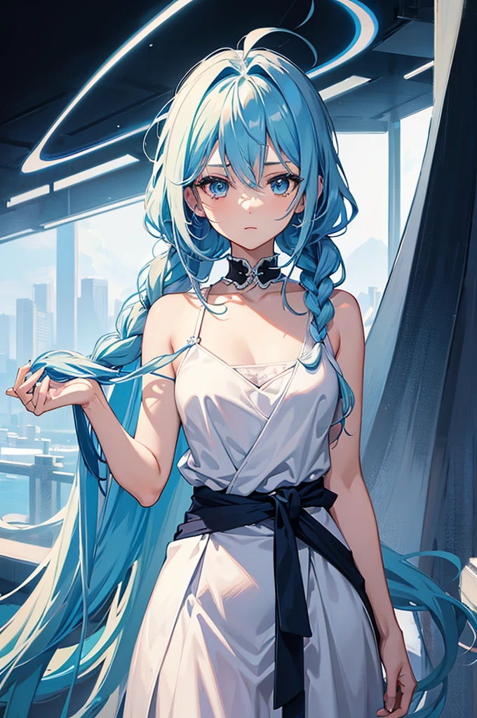 hd, Anime girl, clean and meticulous anime art, blue hair with white tips, long hair tied into a single braid, spiky hairstyle, beautiful anime art style, athletic anime girl portrait, light blue eyes, lovely art style, Soft anime illustration, confident, pants, camisole, thin waist, upper body, standing.