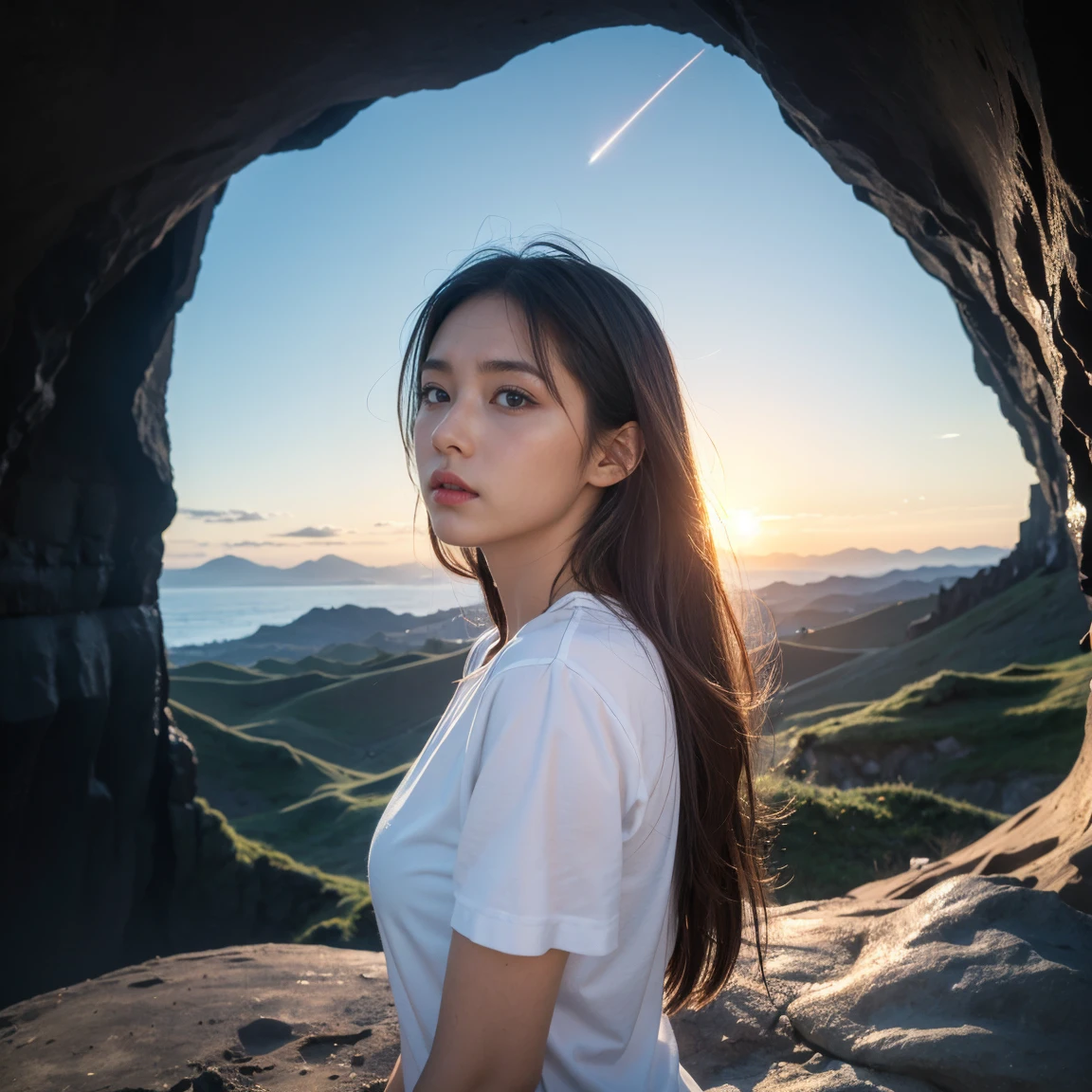 ((Top Quality)), ((Masterpiece)), ((Details)), upper body, ((close-up: 1.1)), More Saturation, strong reflections, bright shade, Place the girl in the foreground at large,
Shooting Star - Cave - Black Hole - Girl,
A vast, dark cave with a black hole swirling ominously in the distance. A young girl stands at the cave’s entrance, watching a meteor streak across the sky, her presence merging the mysteries of space and the innocence of youth.