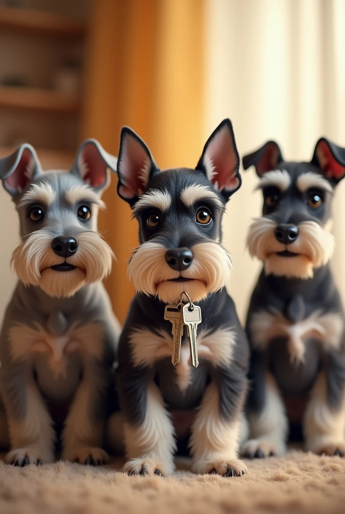 A relatively young Schnauzer breed dog, semi-drooping ears that is holding some apartment keys in its snout and around it there are 2 other schnauzer dogs that are taller, and one of them has his ears standing up and the other has his ears half down with his face a little whiter than the other two, It must be a very tender and advertising image for a real estate rental business.
