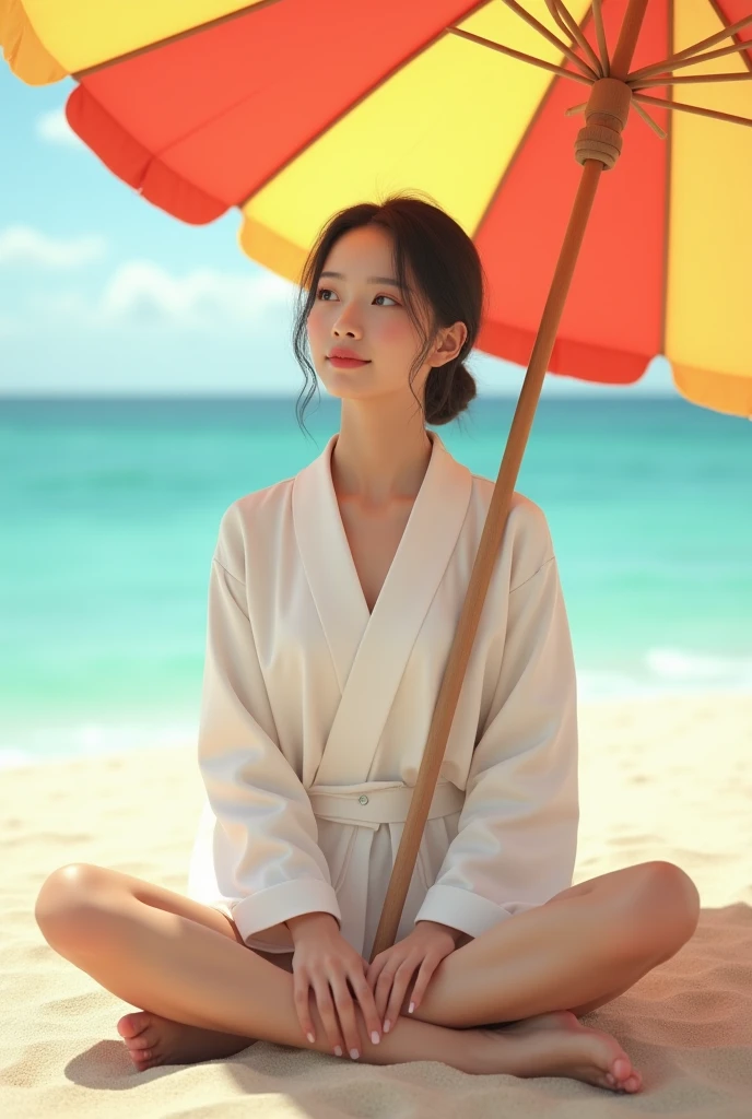 A Japanese woman sitting with her legs in an M-shape under a beach umbrella on the sand.、Wearing a small, stylish, thin, white Japanese uniform、High resolution, masterpiece, Accurate, Anatomically correct, 最高quality, Attention to detail, High resolutionモデル, 高quality, quality, Very detailed, Textured skin, 超High resolution, Shortcuts, smile, Valletta, 8k octane, 3D Rendering, 
