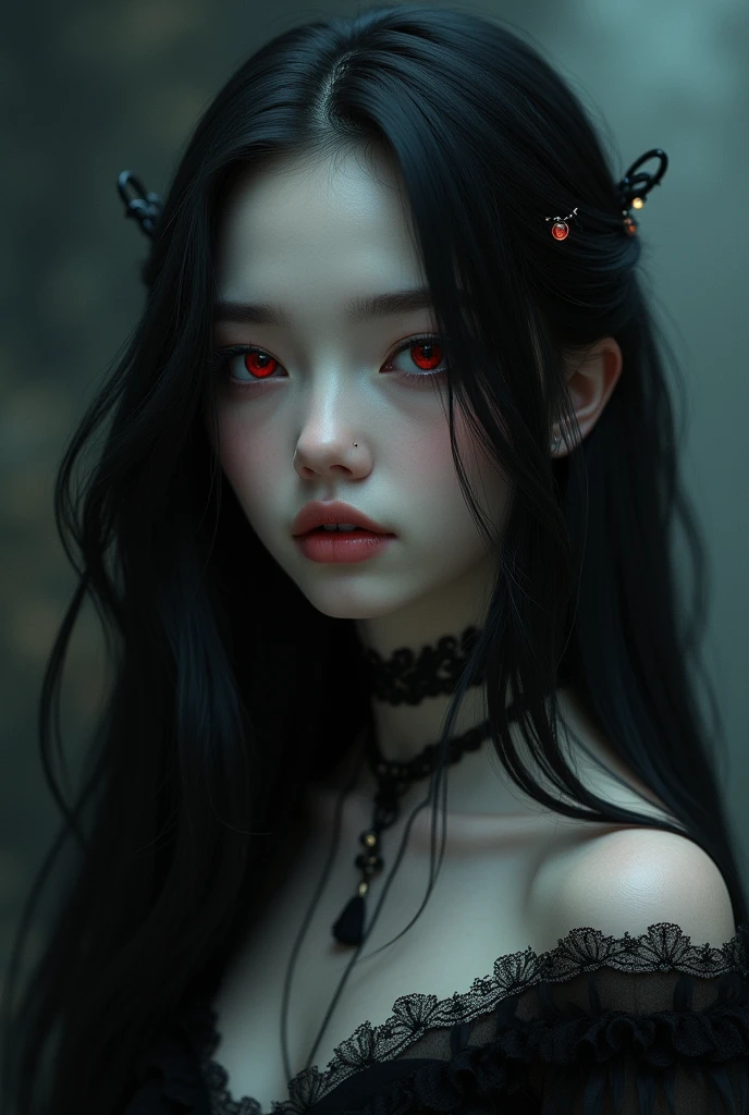 A girl who has long hair and black hair and red eyes