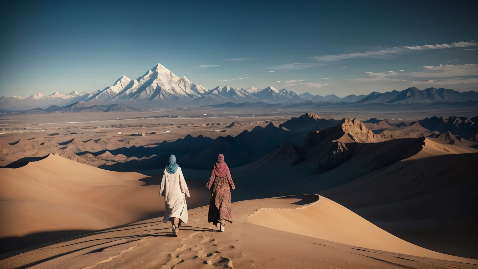 An adulto and a kid walking in a breathtaking view of a vast desert landscape under a hiding sun, towards a distant, mysterious mountain range. wearing a traditional headscarf and intricately patterned clothing. The background reveals the majestic, shimmering mountain range, as if it holds untold secrets waiting to be discovered., poster, typography, illustration