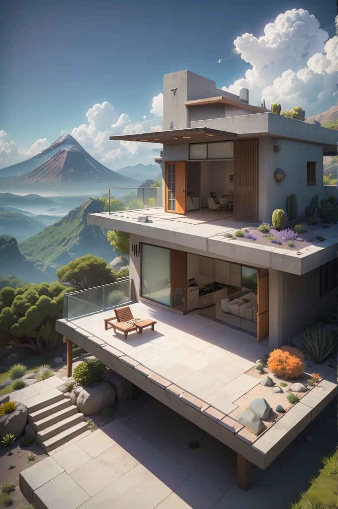 small and beautiful modern house in top of big boulders, terraces, pool, stairs, multiple cacti gardens, palms, trees, rocks, beautiful landscape design, mountains and volcano y background, amazing clouds, sun, moon, planets, milky way galaxy, concrete, wood, glass and steel materials, olive green, violet, orange and withe colors in facade