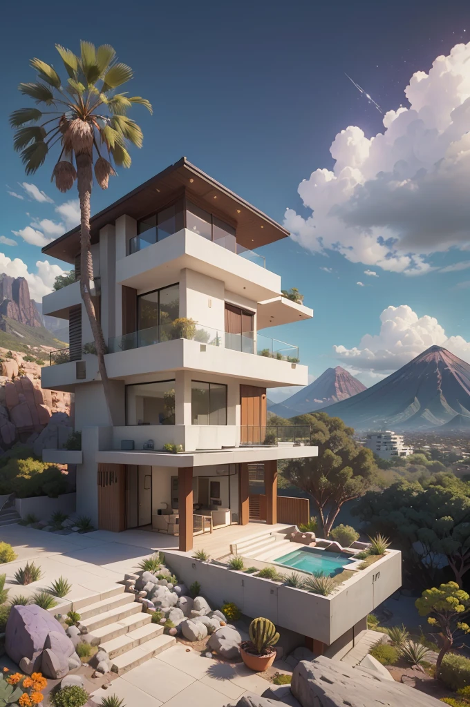 small and beautiful modern house in top of big boulders, terraces, pool, stairs, multiple cacti gardens, palms, trees, rocks, beautiful landscape design, mountains and volcano y background, amazing clouds, sun, moon, planets, milky way galaxy, concrete, wood, glass and steel materials, olive green, violet, orange and withe colors in facade