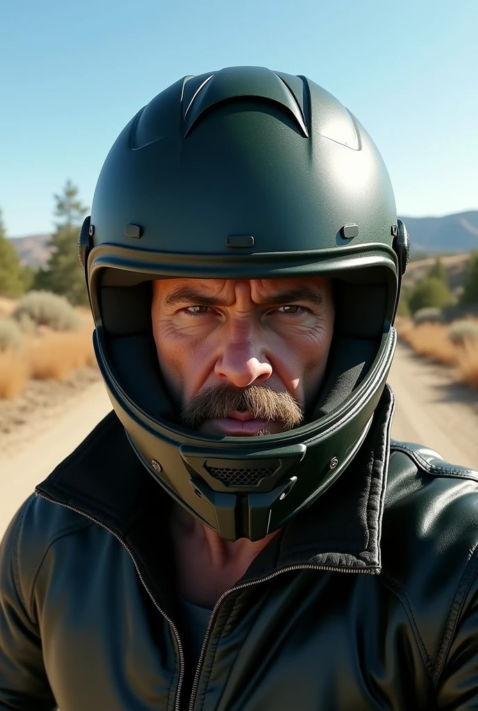 (photorealism:1.2), A selfie of a burly man wearing a black full-face motorcycle helmet with dark green details,polarized visor.. The scene takes place outdoors, in natural daylight, with an open landscape in the background showing distant trees and hills, dirt road,Black leather jacket with mao collar