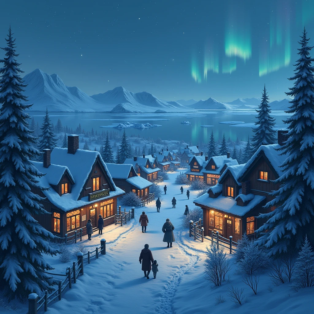  A bustling winter village during a snowfall at night. The scene is lively, with people walking along snow-covered streets lined with brightly lit shops and houses. A remote Arctic tundra under the pale light of the northern twilight. The landscape is vast and desolate, with endless stretches of snow and ice. The sky is a deep indigo, with the faint glow of the Aurora Borealis illuminating the horizon. Icebergs are visible in the distance, floating in a frozen sea. The cold, stark beauty of the scene is emphasized by the untouched snow and the quiet solitude of the Arctic wilderness.