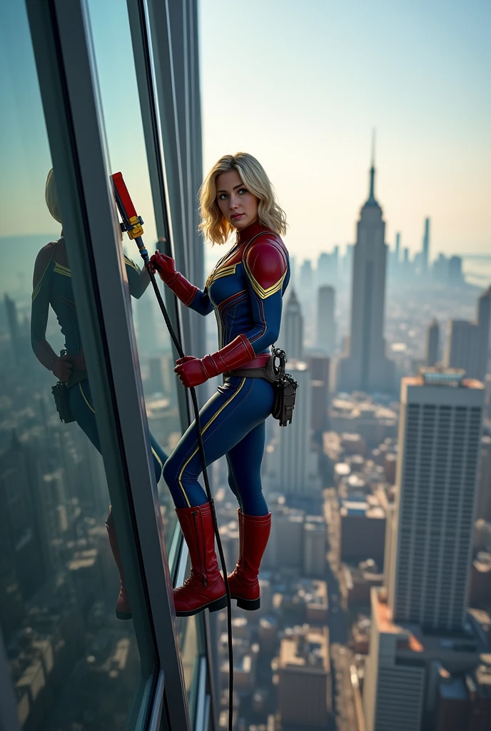 hình ảnh thực tế, siêu anh hùng marvel, captain marvel làm nhân viên lau kính trên một tòa nhà cao tầng, đội mũ màu vàng, tay cầm chổi lau