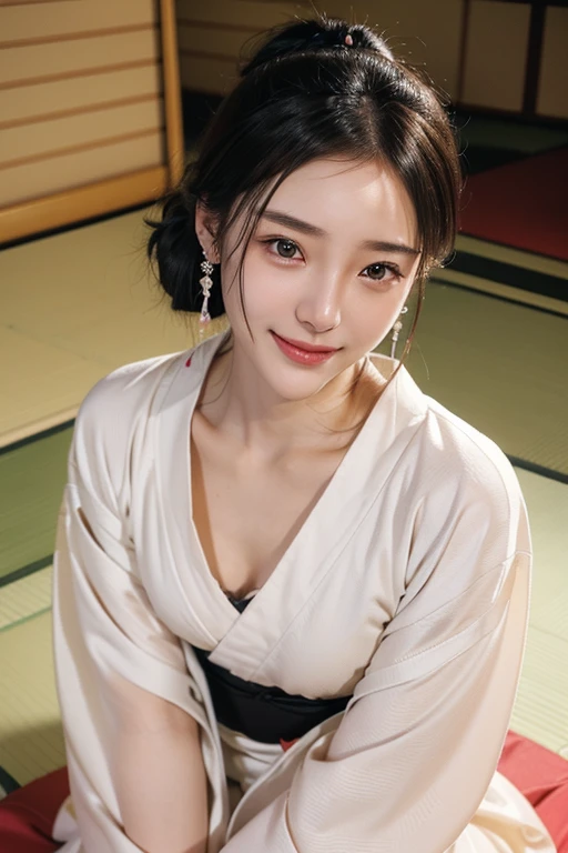 (2 pure Japanese girl,), (Small breasts:1.5,),(solo,,Textured skin, Detailed skin,Detailed face,Detailed eyes,detailed posing,Natural eyebrows,Sparkling Eyes,High detail, Highest quality, Super detailed, Surrealism, ,8k,RAW Photos,Photographicism,Professional Lighting,Ray Tracing,Portrait Photography,Soft Light),(((Black Hair, Natural Makeup,Simple earrings, Tying up hair, smile))),(((Long-sleeved kimono,kimono,Japanese-style room,Collapsed Seiza,On the tatami,Dutch Angle, )))