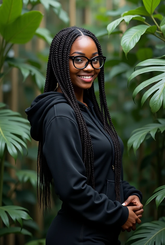 (photorealism:1.2), beautiful Kenyan woman,22 years, beautiful blue doll eyes,sharp boobs,smiling,wearing a fitting hoodie,long braids, black oversized glasses, standing , realistic details,plants in background.cardi b inspiration