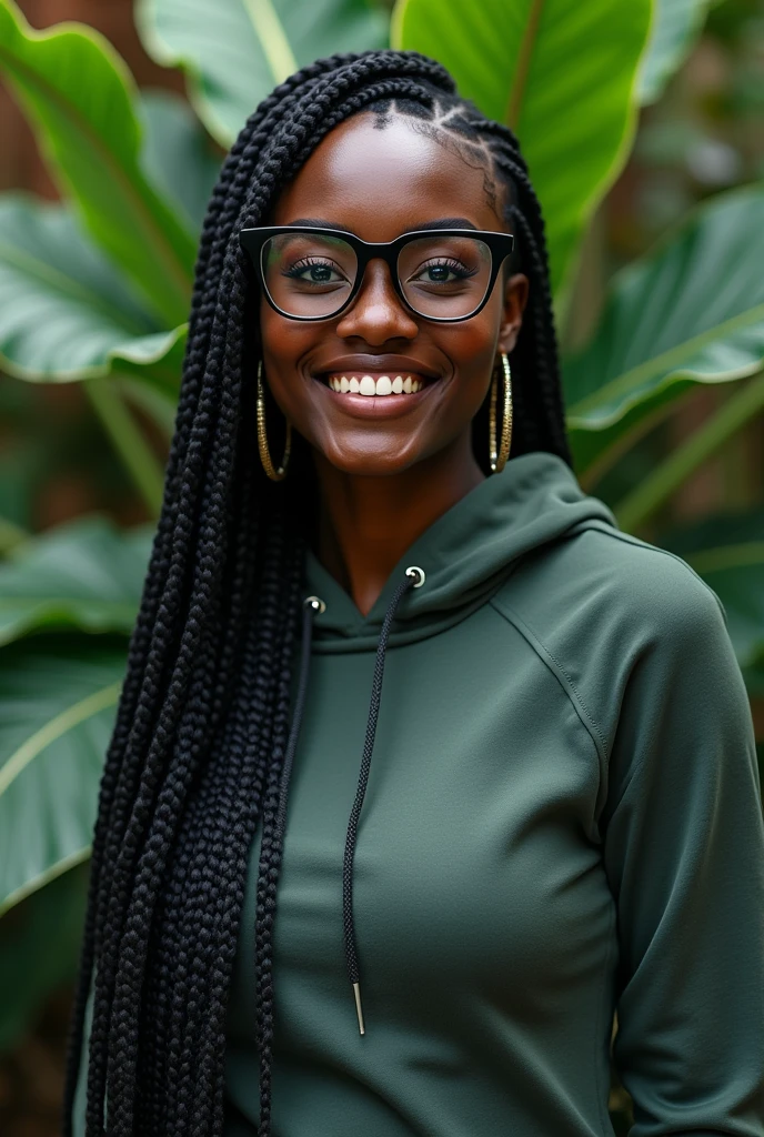 (photorealism:1.2), beautiful Kenyan woman,22 years, beautiful blue doll eyes,sharp boobs,smiling,wearing a fitting hoodie,long braids, black oversized glasses, standing , realistic details,plants in background.cardi b inspiration