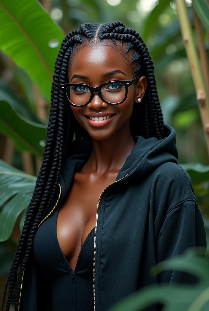 (photorealism:1.2), beautiful Kenyan woman,22 years, beautiful eyes,sharp boobs,smiling,long braids, septum piercing,pink matte glossy lips,black oversized glasses with light brown lenses, standing , realistic details, nature shot.cardi b inspiration