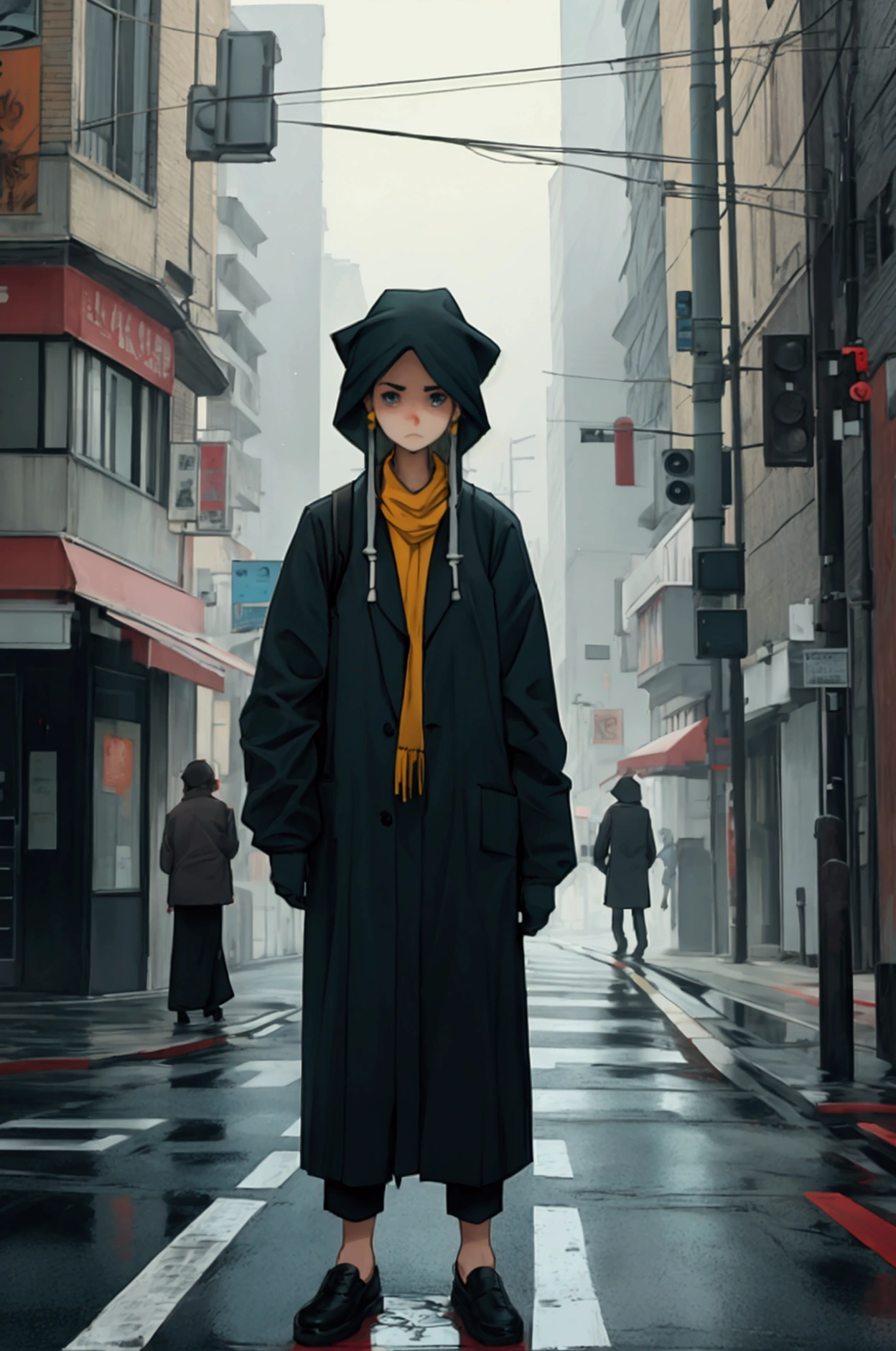 Create a ordinary people who standing on road to cross the road but scared