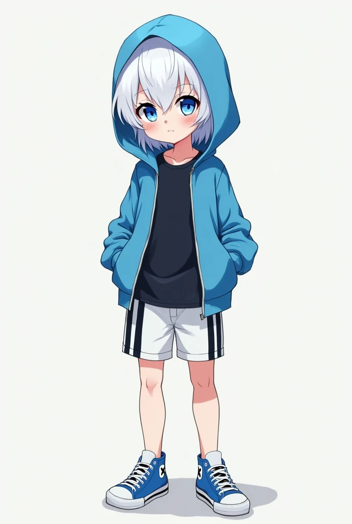 (anime)A beautiful white-skinned child, White hair, and blue eyes.
He is wearing a blue hooded jacket, and underneath a black shirt.
He has white shorts with two vertical black stripes on the sides., and he has blue tennis shoes with a black x on them.
