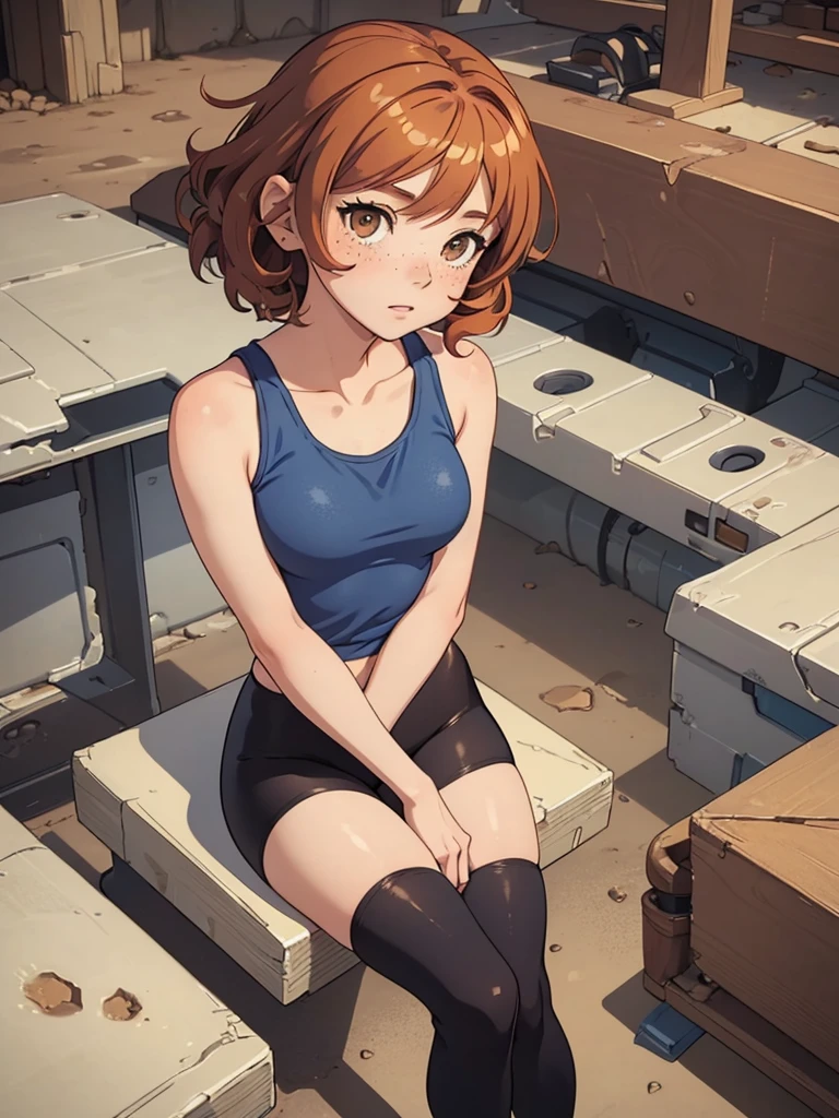 (masterpiece), (best quality), ((one girl)) copper hair,(brown eyes),short hair, curly hair, anime style, freckles, (small breast), (petite figure), blue tank top, black leggings, knee pads, legs, (desert background))