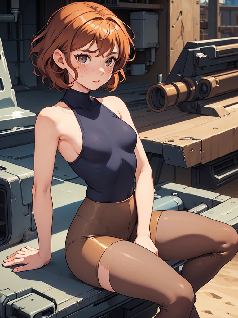 (masterpiece), (best quality), ((one girl)) copper hair,(brown eyes),short hair, curly hair, anime style, freckles, (small breast), (petite figure), blue tank top, black leggings, knee pads, legs, (desert background))