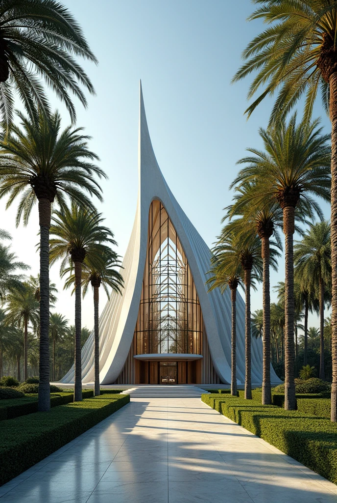 Design a medium-sized cathedral with modern architecture and lots of royal palm trees