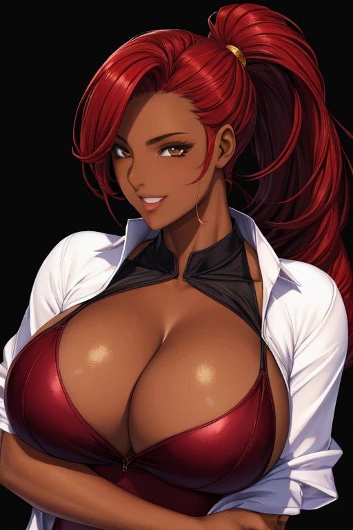 Long hair,Red hair,Ponytail,(Hair on one eye:0.8),(Dark Skinned female:1.2), (Dark Skin:1.1),shirt,Large Breasts,Glowing skin,White background 3