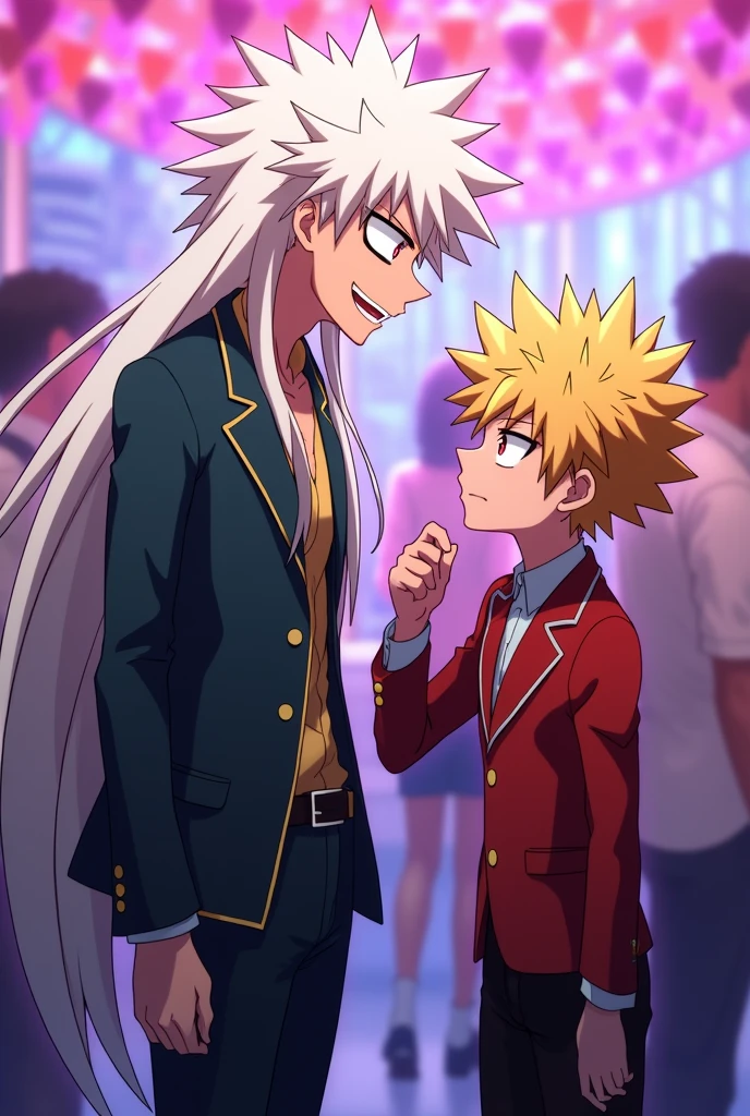 My hero academia screencap, tall boy with long white hair and pink eyes, Party clothes. While flirting with a blonde boy with ruby eyes, and spiky hair and an annoyed expression