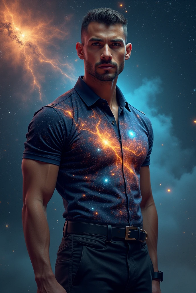 (masterpiece, high resolution, detailed:1.3), a mesmerizing depiction of a (strikingly handsome young man:1.5, (face: Matthew Daddario)) donning (cosmic print shirt and black pants, bulge:1.5), (open shirt showcasing chest and abs:1.5), gorgeous, beautiful, wet, LED internal lighting, glowing blue iris, muscular, standing against the backdrop of the vast and mysterious cosmos, breathtaking grandeur, best quality, masterpiece, His (toned physique:1.5) is bathed in the soft glow of distant stars, creating an otherworldly aura. As he sexually gazes out into the depths of space, his (intense blue eyes:1.2) reflect the wonder and curiosity of his cosmic journey. The intricate details of his attire and the (subtle gleam:1.2) on his skin are meticulously captured, lending an air of realism to the scene. The celestial expanse behind him is a tapestry of (nebulous formations:1.2), (dazzling galaxies:1.2), and (shooting stars:1.2), a breathtaking testament to the beauty of the universe. This artwork melds the allure of a beautiful man with the awe-inspiring vastness of space, evoking a sense of both intimacy and grandeur. (Sexiest pose: 1.5)