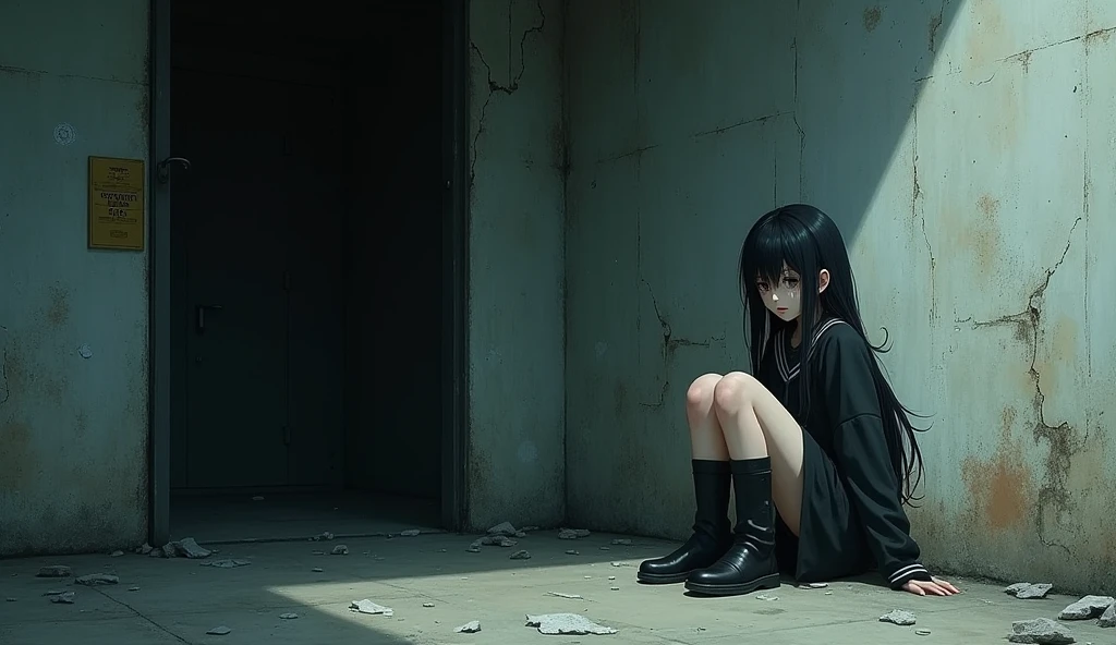 絶望とFeeling of powerlessness 現代日本の古びた学校、Sitting by the wall、Looming Shadow、Feelings of despair、tears、Feeling of powerlessness