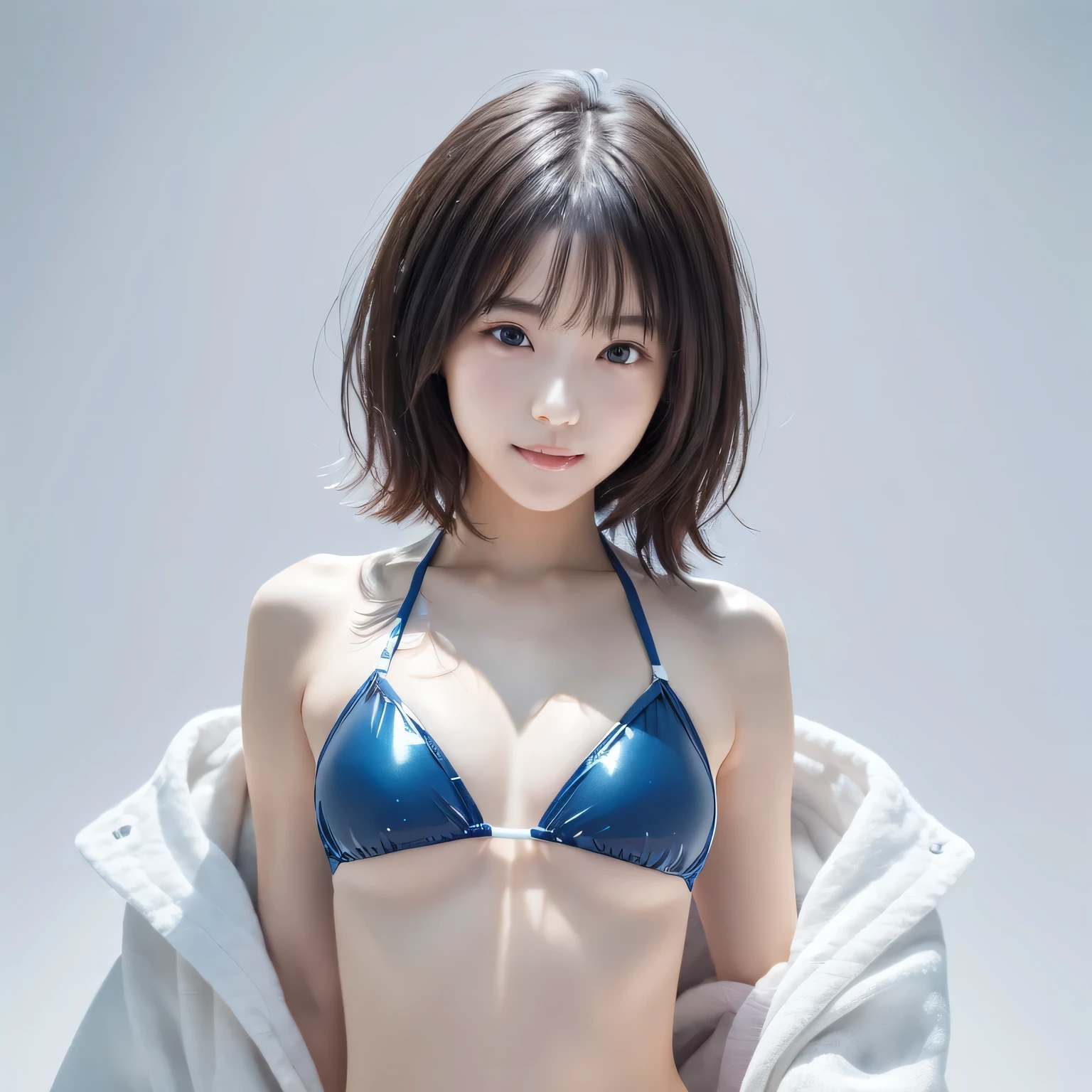(Beautiful girl standing as a model:1.5), (Baby Face:1.2), (Child body type:1.5), (Highest quality:1.4), (Glossy, realistic skin:1.4), (Very detailedな顔), (Open your mouth:1.3), Very detailed, (Flat Chest:1.3), (Skinny body type:1.3), Medium Bob Hair, (Blue vinyl bikini:1.4), smile, (Only the face), BREAK (White background:1.6), (Angle from the front:1.6), Smooth, Very detailed CG synthesis 8k wallpaper, High-resolution RAW color photos, Professional photography, Light, BackLight, dream-like, impressive, Written boundary depth