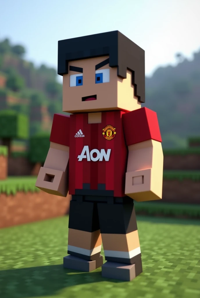 Make me a black haired minecraft character wearing a Manchester United shirt