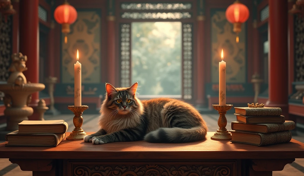 give me a cat on the table with 2 candles and books in an ancient Asian temple