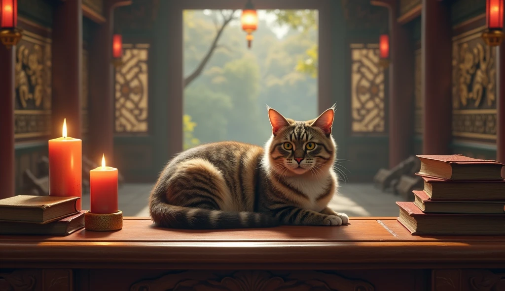 give me a cat on the table with 2 candles and books in an ancient Asian temple