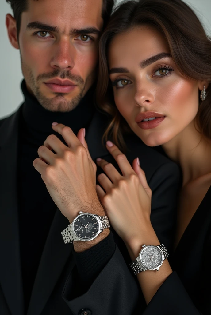 male and female models wearing fancy and luxurious quartz watches, showing their hands to the camera and looking at the camera with a sharp look