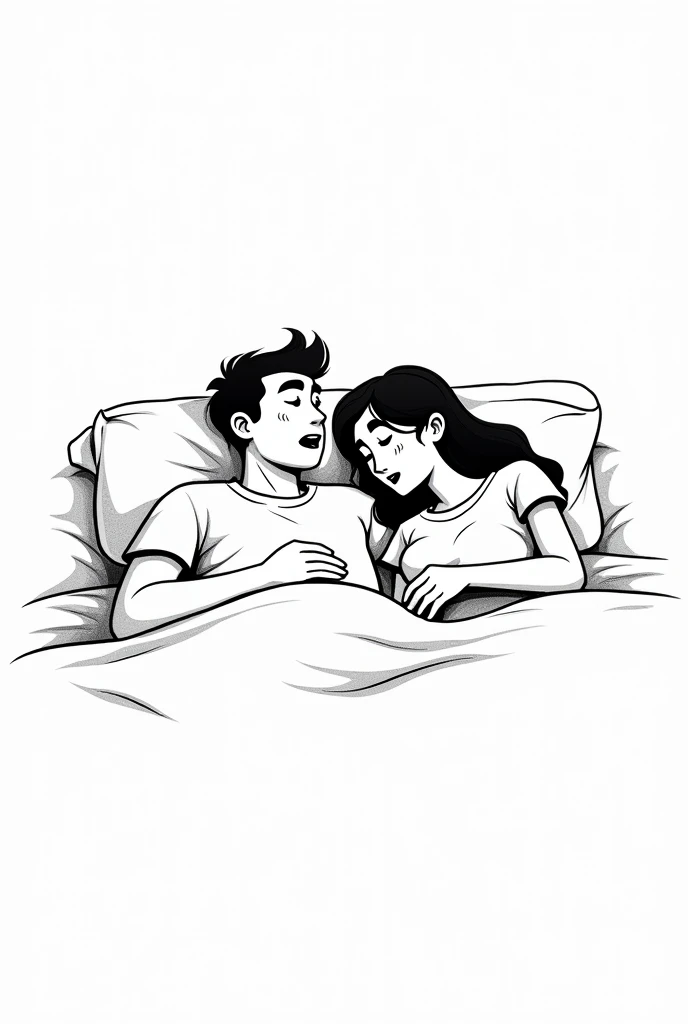 Create a black and white image to draw on the following: Ricardo wakes up in bed next to his wife, Maria. Make both of them have their mouths as if they were talking, make the image less realistic , Let it be easy to draw 