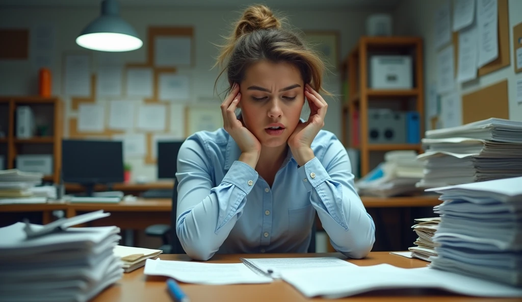 Someone struggling with paperwork, then handling tasks calmly.