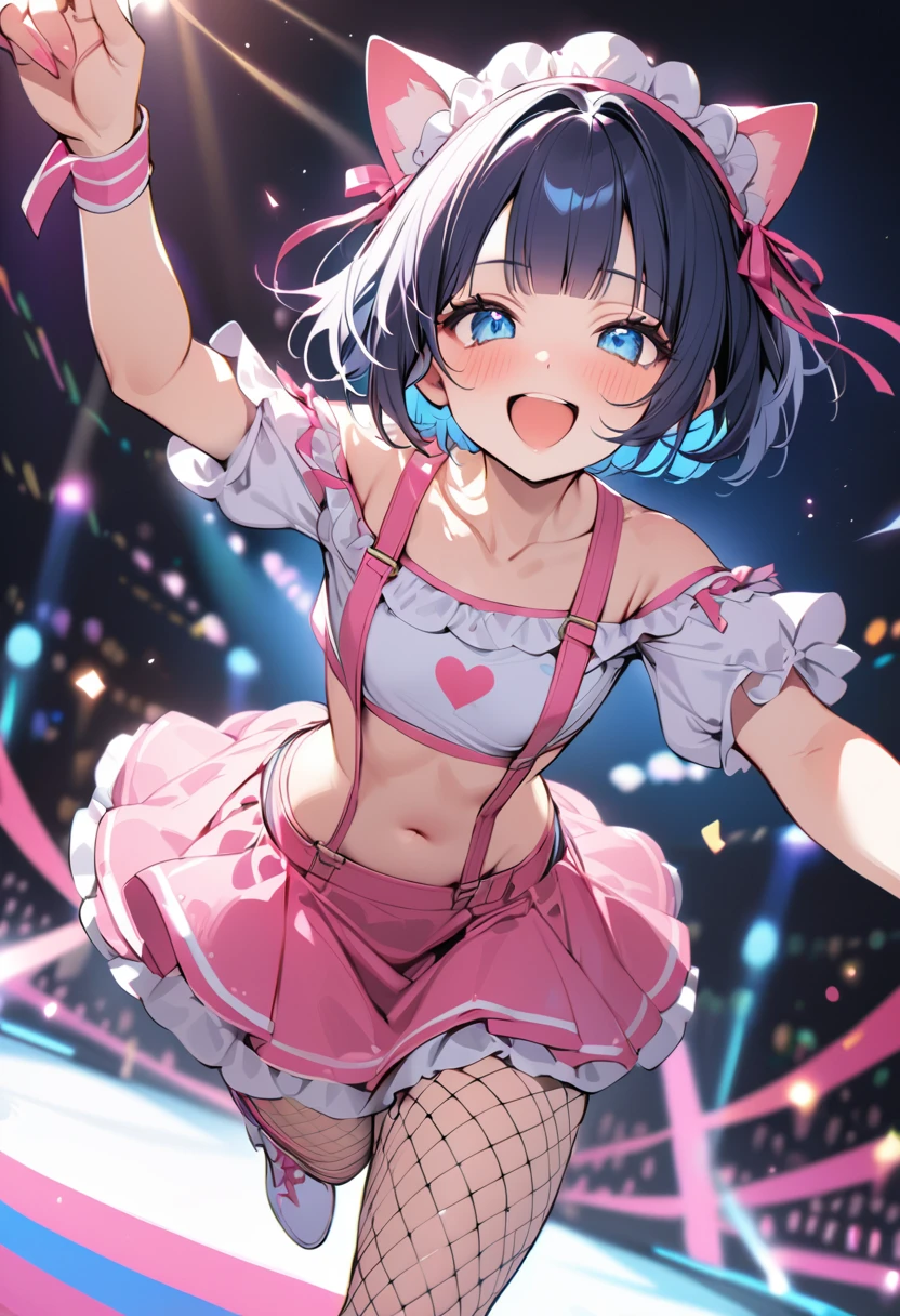 "(perfect masterpiece:1.2), (highest quality:1.2), stunning face, Chubby, Big eyes, compensate, long and luxurious eyelashes, lip whole,cheerleader,belly button,(((female brat))),(((very short hair))),raised his arms,NSFW,((((smile)))),Are standing,Upper body,((((front)))),Cheerleader,mini skirt,double teeth,(((young))),,((((small breasts)))),view from above