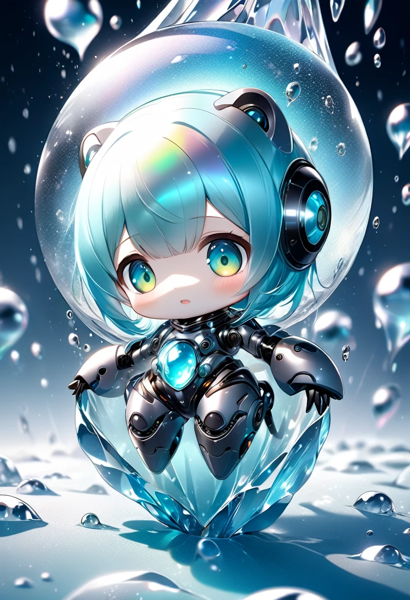 conceptual installation fantasy art, cute chibi animal-based android cyborg trapped in a falling ice drop, background iridescent metallic Tiffany Blue, (ultra detailed, absolutely resolution, best quality:1.3), 2.5D, delicate and dynamic effects, glitter effects, artistic photography, hyper realistic, graphic CG digital art