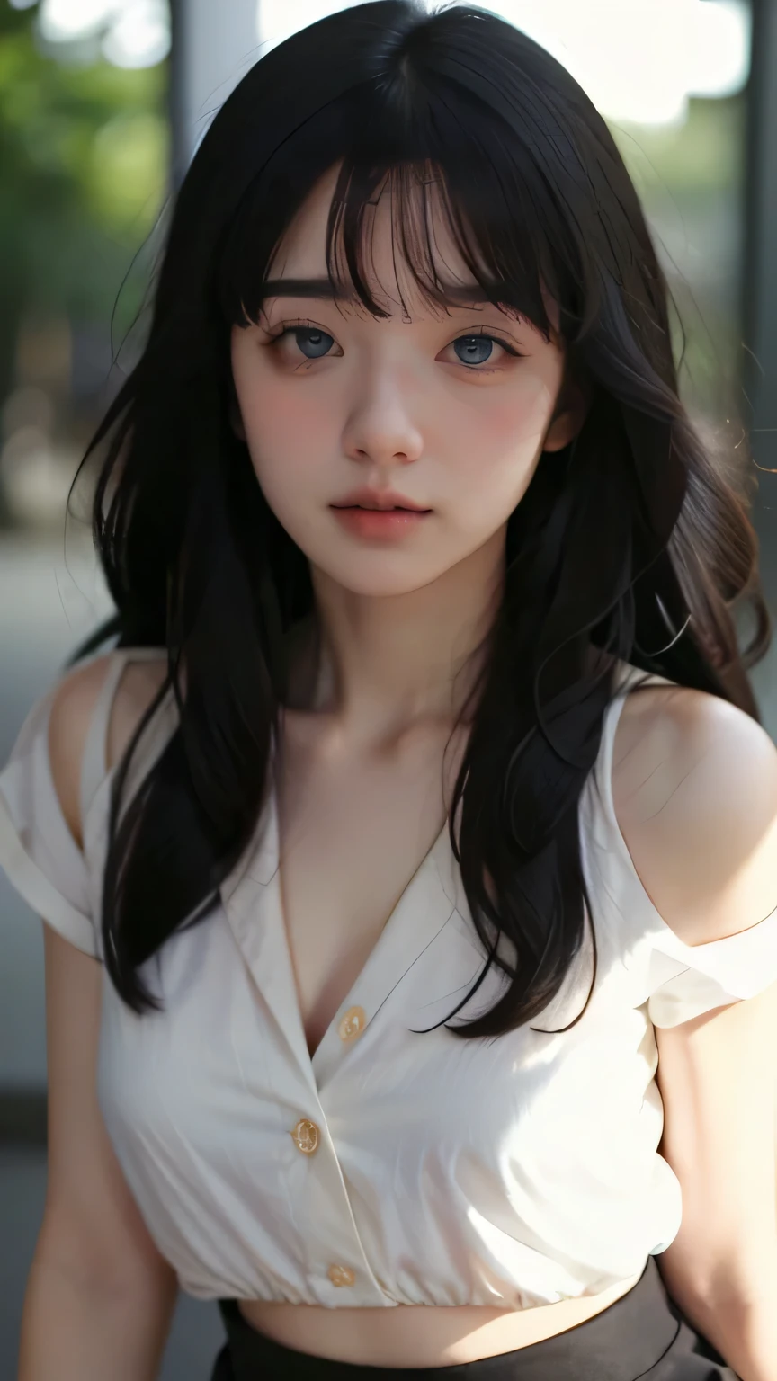 film photography, 1girl, wearing a black professional short skirt, tight short skirt, wearing a tight white button shirt, unbuttoned shirt, short sleeve shirt, seductive smile, medium breast, full body, drunk blush:1.5, black wavy shoulder-length hair, serene, calm, (realistic detailed eyes, natural skin texture, realistic face details), soft dramatic lighting, depth of field, bokeh, vibrant details, finely detailed, hyperrealistic