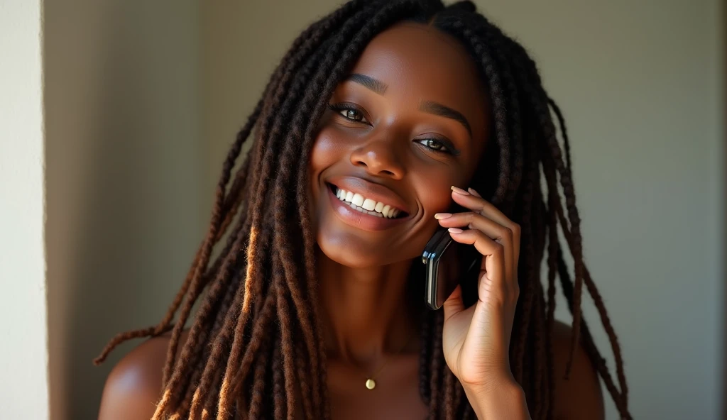 A stunningly beautiful dark skinned complexion African American woman with long brown dreadlocks with highlights on the ends in talking on her Samsung S24 mobile phone, smiling whilst looking sexy & sensual, realistic, photorealistic
