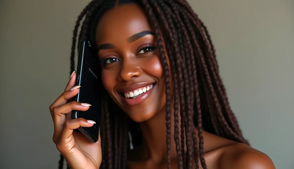 A stunningly beautiful dark skinned complexion African American woman with long brown dreadlocks with highlights on the ends in talking on her Samsung S24 mobile phone, smiling whilst looking sexy & sensual, realistic, photorealistic