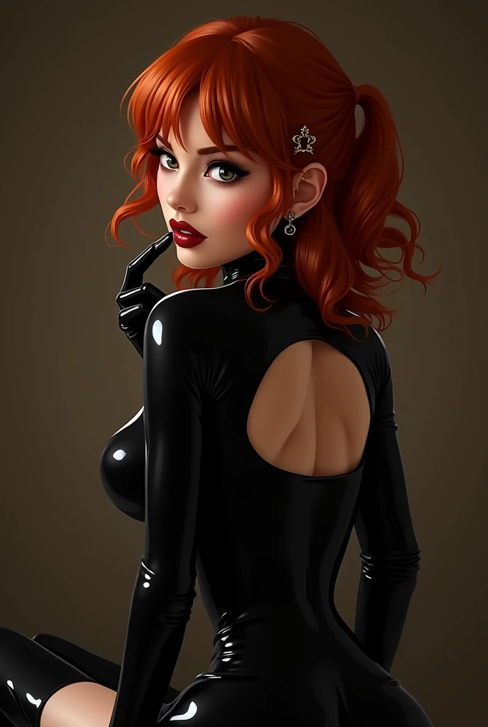 Cute redhead, Black latex bra., black latex thong, Black latex thigh high stockings., black latex opera gloves, Very bright, finger on lips provocatively, looking at the user with lust