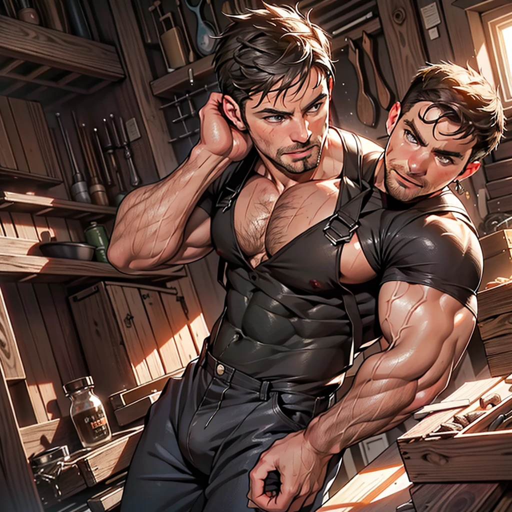 masterpiece, best quality, face, natural eyes, 1man, macho man,, muscled and mature, stephen amell as a carpenter wearing totally unbuttoned overall, sweating, tight cloth showing his muscles and bulge , full body , background wood workshop , woodwork of chairs , tools , wood parts , volumetric dynamic bright light .....