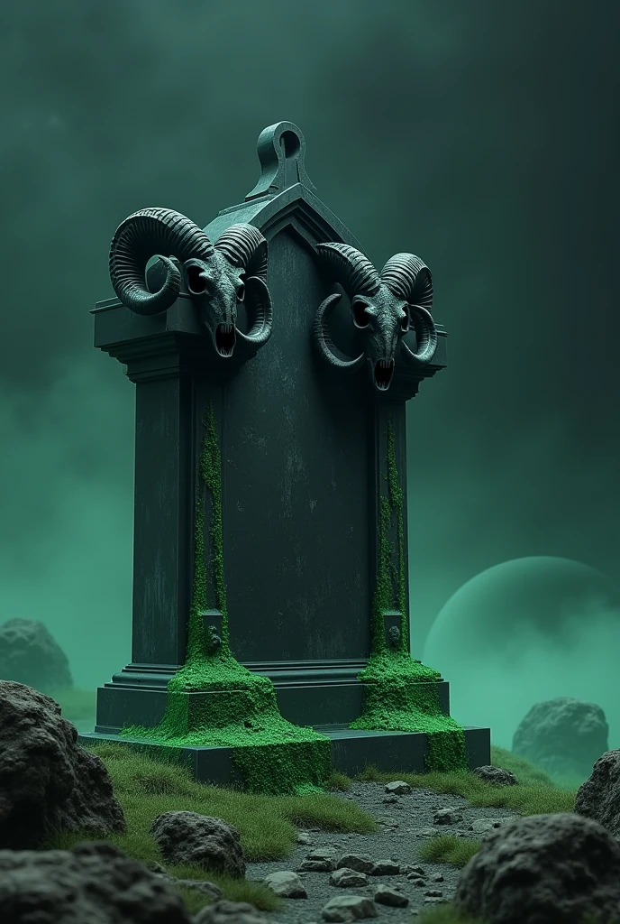 A tombstone with black ram skulls and green slime overflowing from the cracks in the tombstone in the middle of the void of space