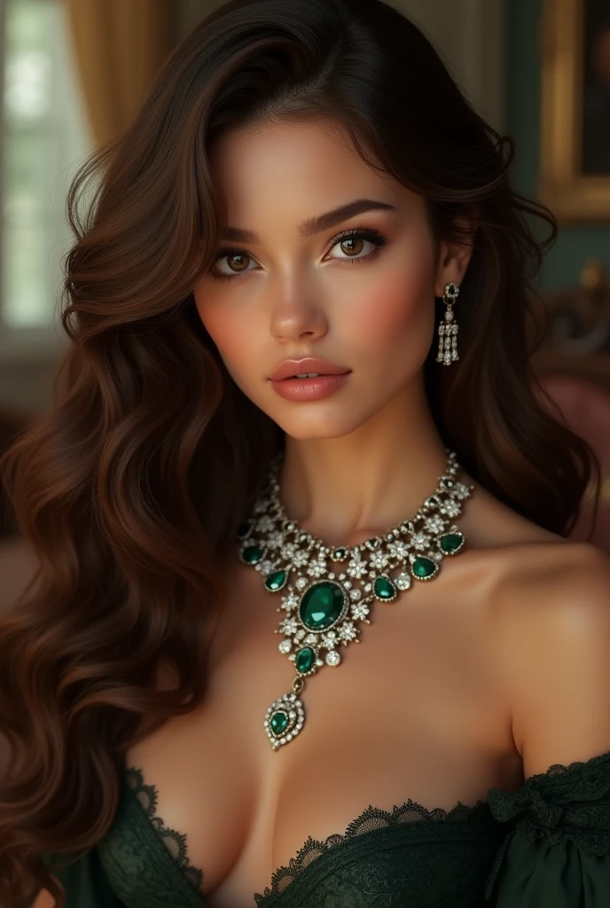 realistic,  a beautiful 2 Marilyn Monroe, flawless, pretty young woman exuding a graceful and alluring presence, pretty face, long burnt brown hair, big brown eyes, . Her figure is perfection,  Happy face, Full buts, impressive emerald and diamond necklace, 8k resolution concept art portrait,  (((long wavy hair)), (seductive lips:1.3), highly detailed face and skin texture, ((highly seductive)),