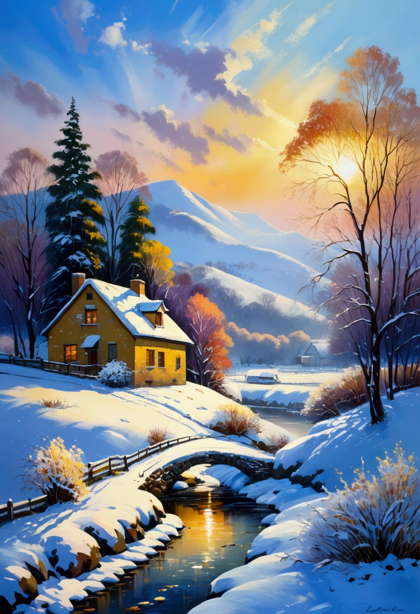 Snow Scenery, Impressionism painting art style, loose brushwork, captures the fleeting effects of light and atmosphere, (best quality, masterpiece, photorealistic), very aesthetic, perfect composition, intricate details, ultra-detailed, vivid colors