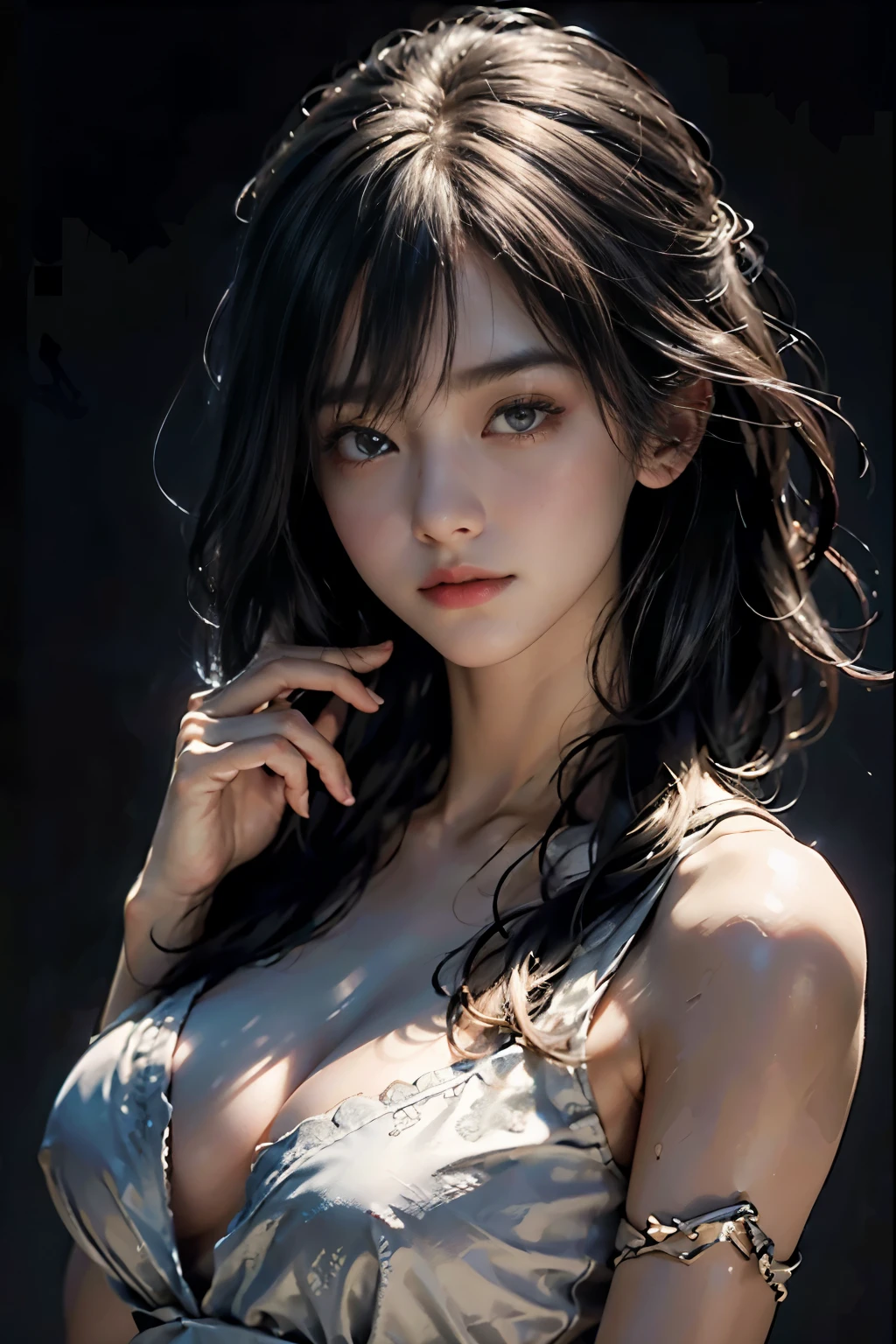 masterpiece, best qualitiy, RAW photos, realisticlying, A high resolution, hyper-detailing, Focus on the face, looking at viewer, Detailed eyebrows, realistic beautiful eyes, realistic glossy skin, straight Bangs, realistic movie lighting, detail shaded, high contrast, Slender, big boob, Big breasts, Exposed cleavage, open mouse, nsfw, Sexy face, Facial expressions when receiving pleasure, ((Dark background))